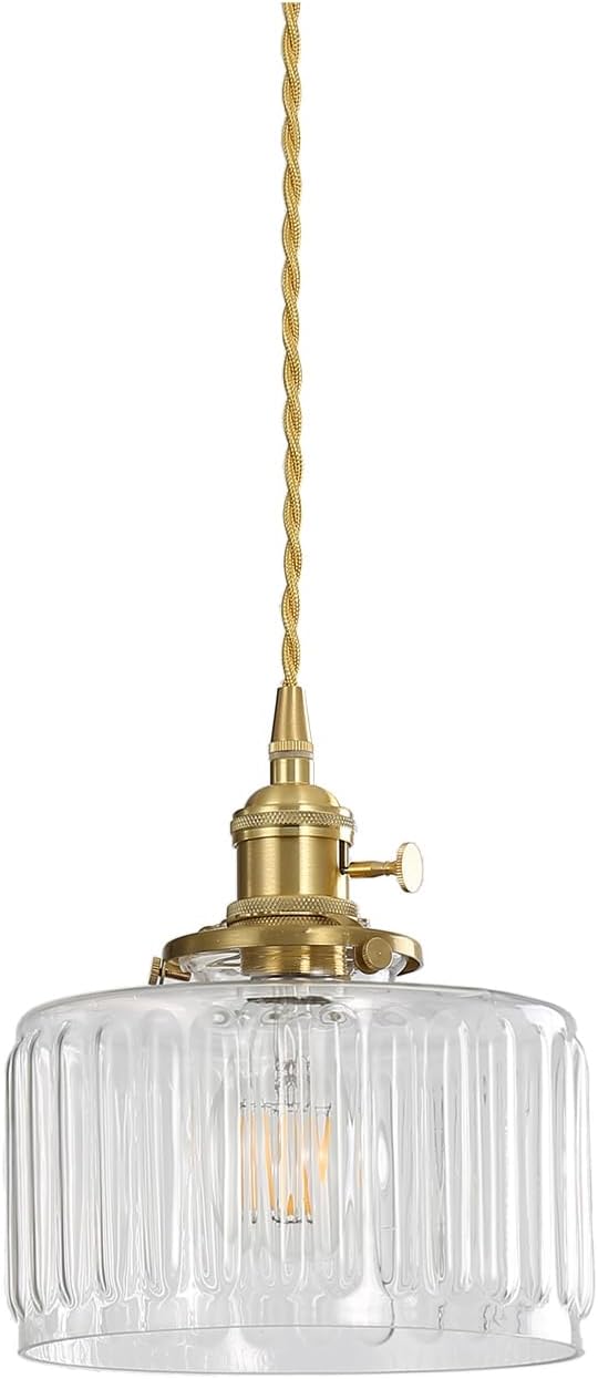 Vintage Pendant Light Fixtures, Brass Socket with ON/Off Switch and Green Glass Lamp Shade Pendant Light for Kitchen Island Farmhouse Living Room (Transparent,Striped)