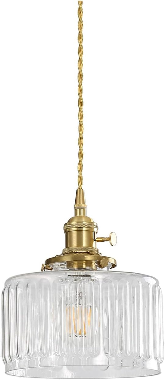 Vintage Pendant Light Fixtures, Brass Socket with ON/Off Switch and Green Glass Lamp Shade Pendant Light for Kitchen Island Farmhouse Living Room (Transparent,Striped)