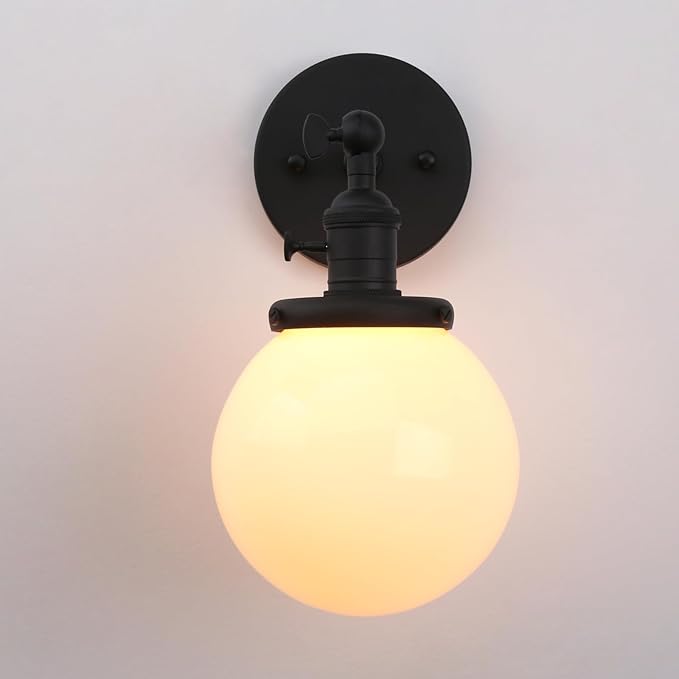 PERMO Vintage Industrial Wall Sconce Lighting Fixture with 5.9" Round Globe Milk White Glass Hand Blown Shade (Matte Black)