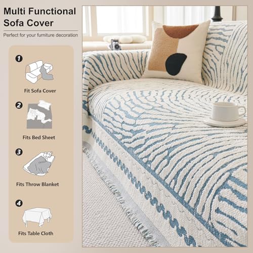 ROOMLIFE Thicked Striped Couch Cover with Tassel Blue Chenille Sofa Cover Blanket for Sectional Sofa, Soft Sofa Slipcovers for L Shaped Love Seat 2-3 Cushion Couch Anti Slip Sofa Protector, 71"x150"