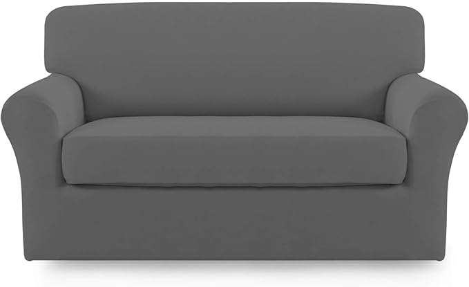 Easy-Going 2 Pieces Microfiber Stretch Sofa Slipcover – Spandex Soft Fitted Sofa Couch Cover, Washable Furniture Protector with Elastic Bottom Kids, Pet (Loveseat, Grey)