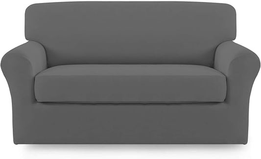 Easy-Going 2 Pieces Microfiber Stretch Sofa Slipcover – Spandex Soft Fitted Sofa Couch Cover, Washable Furniture Protector with Elastic Bottom Kids, Pet (Loveseat, Grey)