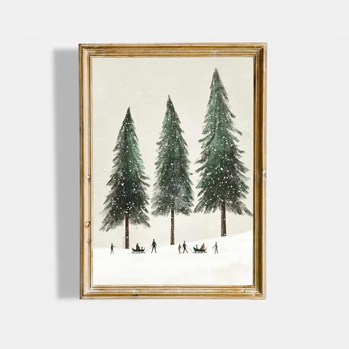 OZCONO Minimalist Winter Wall Art, Whimsy Forest Scene for Holiday Home Decor, Beige Tone Christmas Wall Decor, Neutral Snowy Tree Noel Art (Unframed) (27x40)