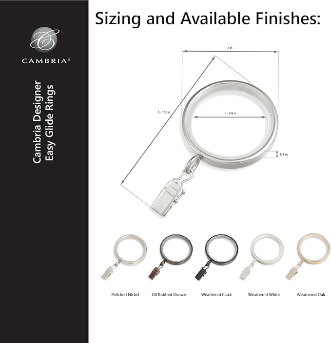 MODE Cambria Designer Series - Premium Easy Glide 18 Count Curtain Rings - Metal with Smooth, Quiet Nylon Inserts with Clips - 2 inch Diameter (1-5/8 inch Inside Diameter) - Oil Rubbed Bronze