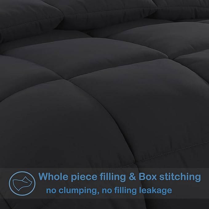 EASELAND Queen Size Down Alternative Comforter - Quilted Duvet Insert for All Seasons, Soft Lightweight with Corner Tabs, Summer Winter Warm Bedding, Black 88×88 Inches