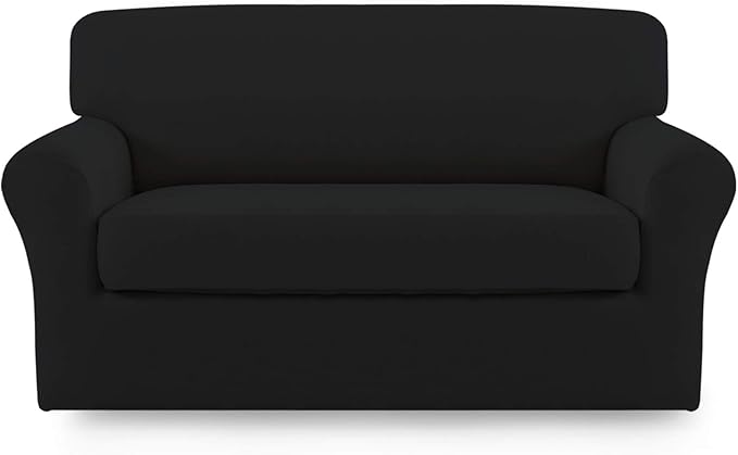 Easy-Going 2 Pieces Microfiber Stretch Sofa Slipcover Spandex Soft Fitted Sofa Couch Cover, Washable Furniture Protector with Elastic Bottom Kids, Pet (Loveseat, Black, Medium)