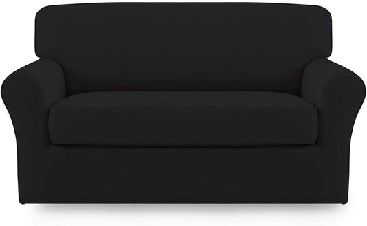 Easy-Going 2 Pieces Microfiber Stretch Sofa Slipcover Spandex Soft Fitted Sofa Couch Cover, Washable Furniture Protector with Elastic Bottom Kids, Pet (Loveseat, Black, Medium)
