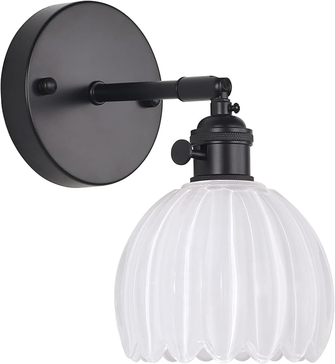 Vintage Wall Sconce with Cute White Tulip Glass Lampshade 180 Degree Adjustable Black Sconce Hradwired Modern Wall Lighting Fixture with Switch for Bedside Bedroom Doorway