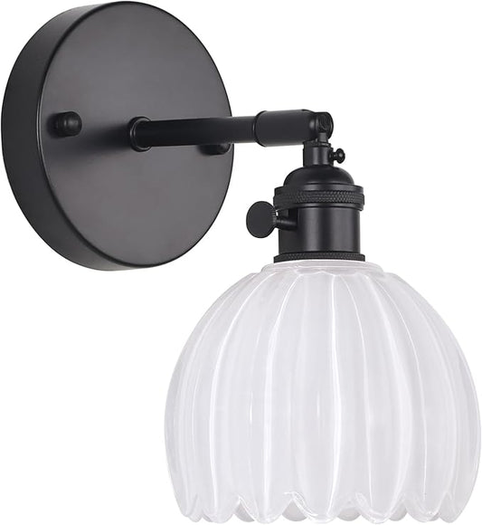 Vintage Wall Sconce with Cute White Tulip Glass Lampshade 180 Degree Adjustable Black Sconce Hradwired Modern Wall Lighting Fixture with Switch for Bedside Bedroom Doorway