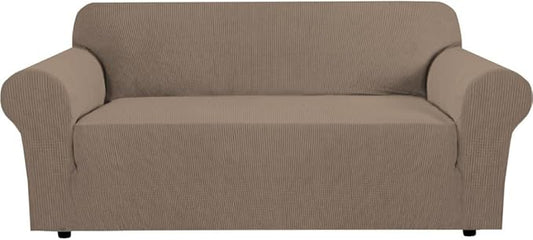 H.VERSAILTEX Stretch Couch Covers for Sofa 1 Piece Slipcovers for Couches and Sofas 3 Seater Couch Cover Feature Thick Checked Jacquard Fabric with Elastic Bottom(Sofa 72"-88" Wide, Macchiato)