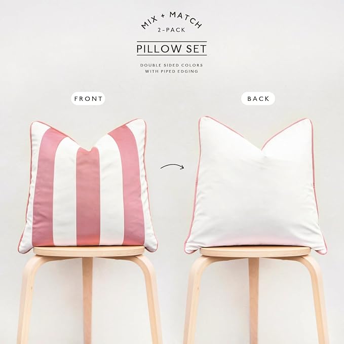MONDAY MOOSE Decorative Throw Pillow Covers Cushion Cases, Set of 2 Soft Velvet Striped Piping Edge Designs, Pillow Inserts Not Included (Light Pink/White, 20x20 inch)