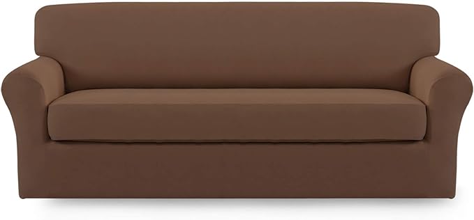 Easy-Going 2 Pieces Microfiber Stretch Sofa Slipcover – Spandex Soft Fitted Sofa Couch Cover, Washable Furniture Protector with Elastic Bottom Kids,Pet (Sofa, Brown)