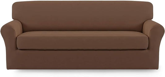Easy-Going 2 Pieces Microfiber Stretch Sofa Slipcover – Spandex Soft Fitted Sofa Couch Cover, Washable Furniture Protector with Elastic Bottom Kids,Pet (Sofa, Brown)