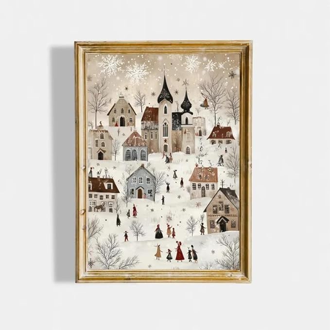 OZCONO Scandinavian Winter Village Art, Neutral Nordic Christmas Decor, Whimsical Holiday Home Accent, Cozy Seasonal Wall Artwork, Xmas Print, Snowy Noel Design (Unframed) (11x14)