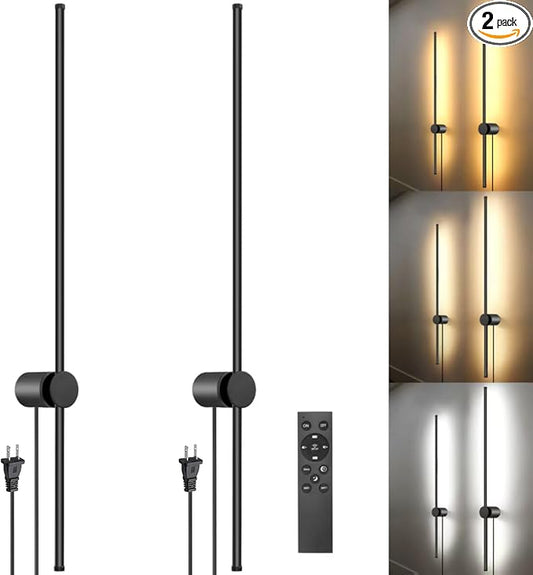 Wall Sconces Set of Two with Remote, Stepless Colors 3000K-6500K & Stepless Dimming, Hardwire or Plug-in, 180° Rotate, LED Black Plug in Wall Sconces with Timer & Night Light, 39.4 Inches