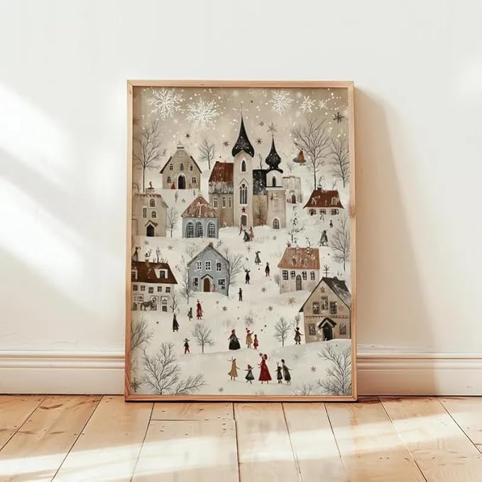 OZCONO Scandinavian Winter Village Art, Neutral Nordic Christmas Decor, Whimsical Holiday Home Accent, Cozy Seasonal Wall Artwork, Xmas Print, Snowy Noel Design (Unframed) (27x40)