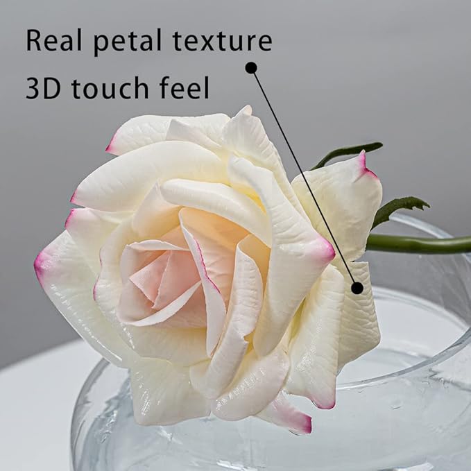 Artificial Roses Single Stem 10pcs Fake Silk Flower Arrangement Bouquet Real Touch for Home Party Wedding Decoration(White)