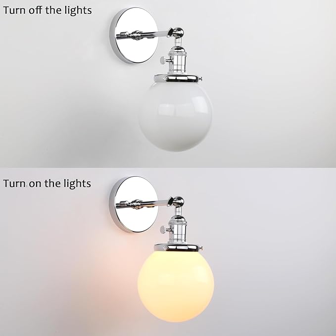 PERMO Vintage Industrial Wall Sconce Lighting Fixture with Mini 5.9" Round Globe Milk White Glass Hand Blown Shade Chrome Sconce