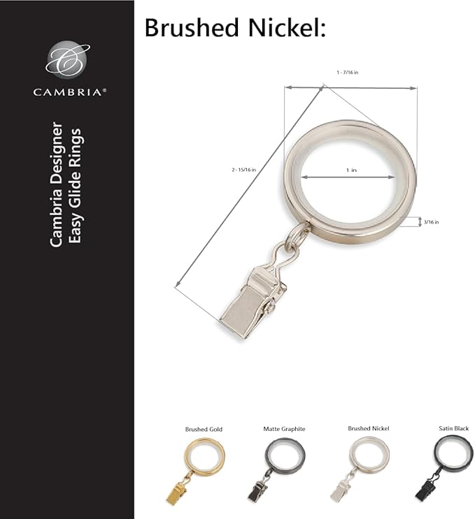 MODE Cambria Designer Series - Premium Easy Glide 18 Count Small Curtain Rings - Metal with Nylon Inserts and Clips - 1 inch Inner Diameter - use for rods 5/8" or Smaller - Brushed Nickel
