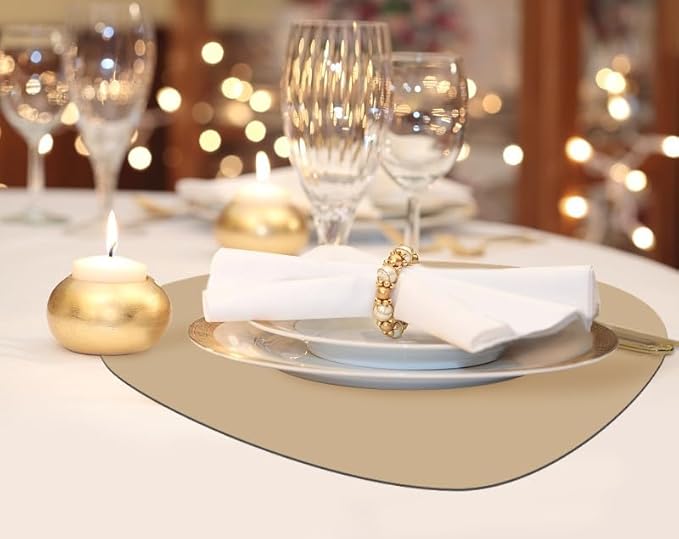 Faux Leather Placemats Set of 2 and Coasters, Heat Resistant Placemats for Dining Table, Waterproof Wipeable Washable Dinner Table Mats, Easy to Clean Kitchen Place Mats Romantic Golden