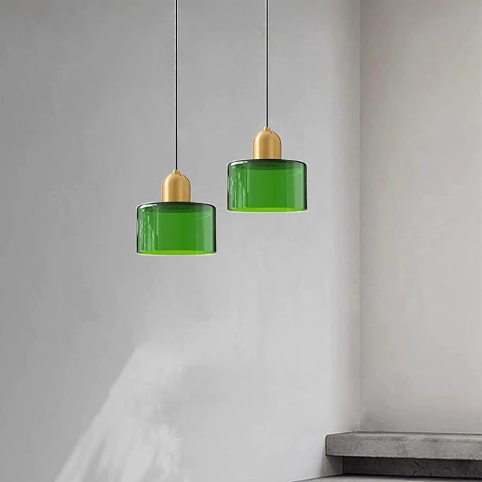 Modern Glass Pendant Light, E26 Hanging Light Fixture with Gold Metal Socket, Adjustable Cord Ceiling Lighting for Kitchen, Dining Room, and Bedroom (Dark Green)