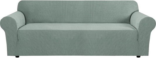 H.VERSAILTEX Stretch Couch Covers for Sofa 1 Piece Slipcovers for Couches and Sofas 3 Seater Couch Cover Feature Thick Checked Jacquard Fabric with Elastic Bottom(Large Sofa 90"-100" Wide, Sage)