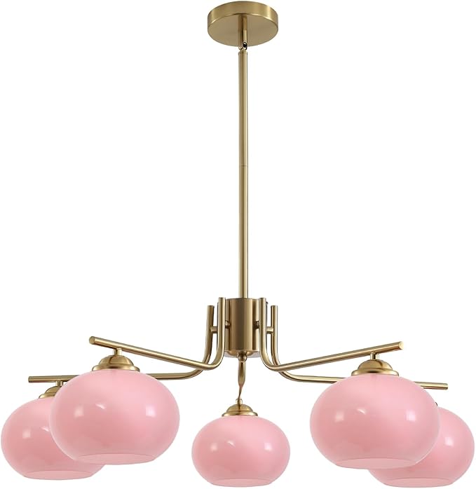 KCO Lighting Modern Pink Chandelier Pink Glass Pendant Light 5 Lights Gold Large Globe Chandelier Mid Century Flush Mount Ceiling Light Fixture for Dining Room Kitchen Island Living Room