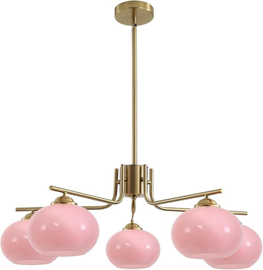 KCO Lighting Modern Pink Chandelier Pink Glass Pendant Light 5 Lights Gold Large Globe Chandelier Mid Century Flush Mount Ceiling Light Fixture for Dining Room Kitchen Island Living Room