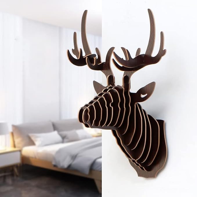 Hooshing Wall Decor Deer Head Antler DIY 3D Wooden Puzzle Sculpture Trophy Brown Wall Decoration for Home Living Room Office