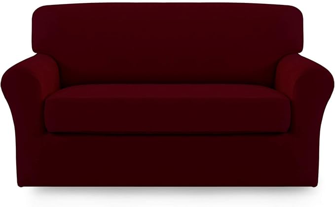 Easy-Going 2 Pieces Microfiber Stretch Sofa Slipcover – Spandex Soft Fitted Sofa Couch Cover, Washable Furniture Protector with Elastic Bottom Kids, Pet (Loveseat, Wine