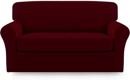 Easy-Going 2 Pieces Microfiber Stretch Sofa Slipcover – Spandex Soft Fitted Sofa Couch Cover, Washable Furniture Protector with Elastic Bottom Kids, Pet (Loveseat, Wine