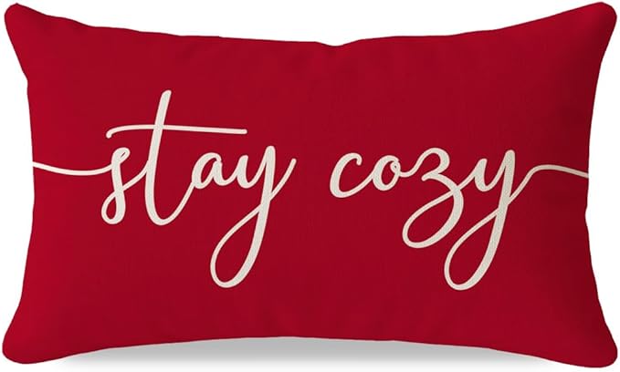 PANDICORN Red Pillow Cover 12x20 Inch, Stay Cozy Holiday Lumbar Decorative Cushion Case for Sofa Couch Bed, Christmas Farmhouse Decor for Living Room or Entryway Decorations
