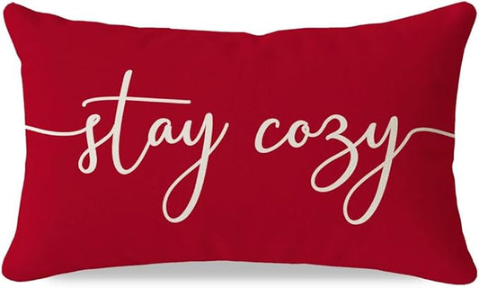 PANDICORN Red Pillow Cover 12x20 Inch, Stay Cozy Holiday Lumbar Decorative Cushion Case for Sofa Couch Bed, Christmas Farmhouse Decor for Living Room or Entryway Decorations