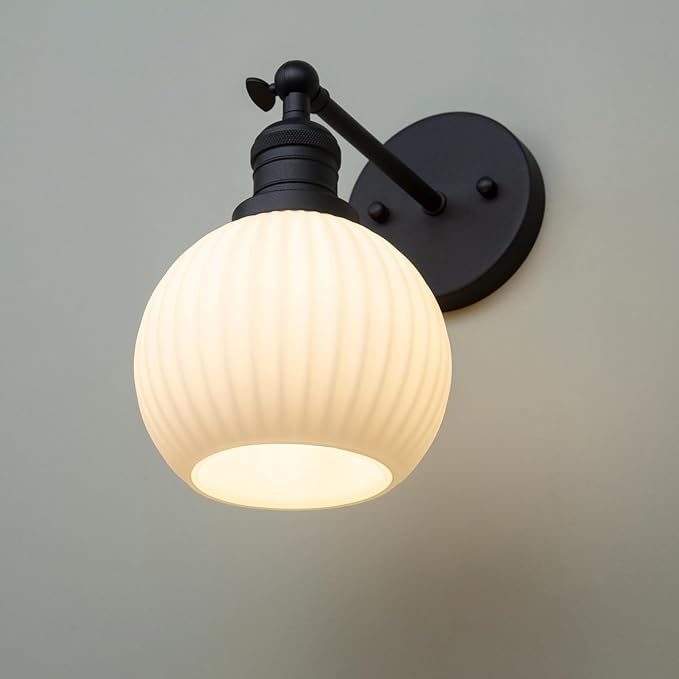 PERMO Vintage Wall Sconce Adjustable Black Sconce Globe Vanity Wall Light with Milk White Glass Shade for Farmhouse Bedroom Living Room Loft