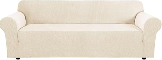 H.VERSAILTEX Stretch Couch Covers for Sofa 1 Piece Slipcovers for Couches Sofas 3 Seater Couch Cover Feature Thick Checked Jacquard Fabric with Elastic Bottom,L Sofa 90"-100" Wide,Cream