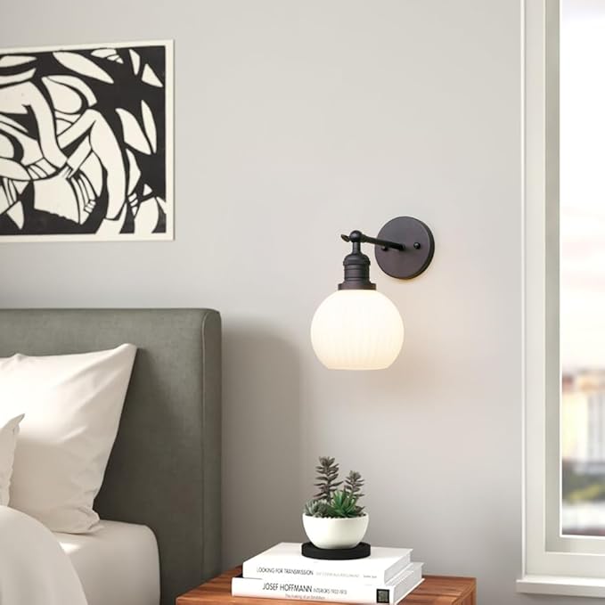 PERMO Vintage Wall Sconce Adjustable Black Sconce Globe Vanity Wall Light with Milk White Glass Shade for Farmhouse Bedroom Living Room Loft