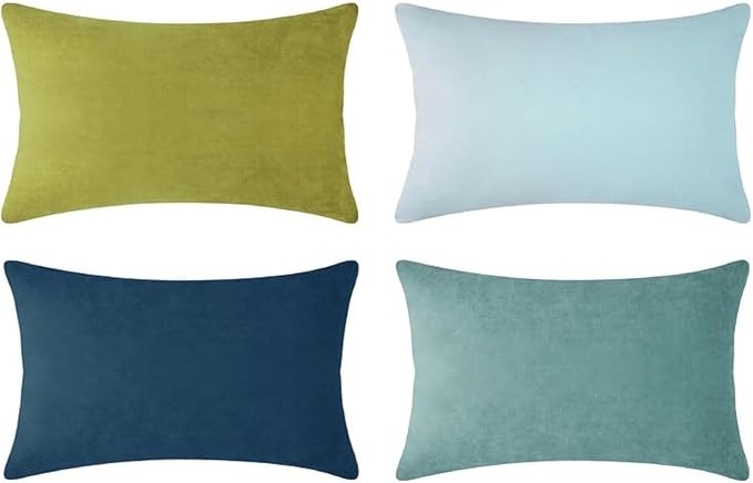 MONDAY MOOSE Decorative Throw Pillow Covers Cushion Cases, Set of 4 Soft Velvet Modern Designs, Mix and Match for Home Decor, Pillow Inserts Not Included (12x20 inch, Green/Blue)