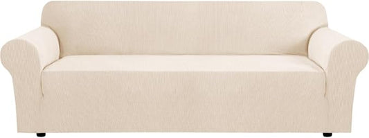 H.VERSAILTEX Stretch Oversized Couch Cover 1 Piece Sofa Slipcovers for Living Room Feature Thick Checked Jacquard Fabric with Elastic Bottom, Sofa X-Large - Natural