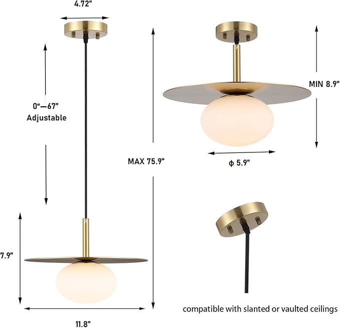 Modern Globe Pendant Lighting Milky White Glass Shade Brass Gold Farmhouse Pendant Light 11.81" Dome Industrial Mid Century Hanging Ceiling Light Fixture Kitchen Island Dinning Room Bedroom