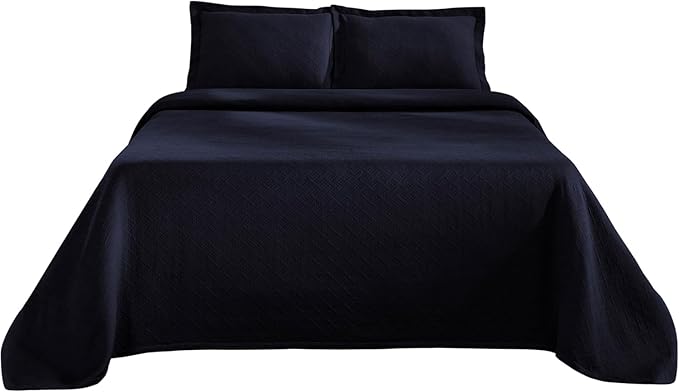 Superior 100% Cotton Basket Weave Bedspread with Shams, All-Season Premium Cotton Matelasse Jacquard Bedding, Quilted-Look Geometric Basket, Queen, Navy Blue