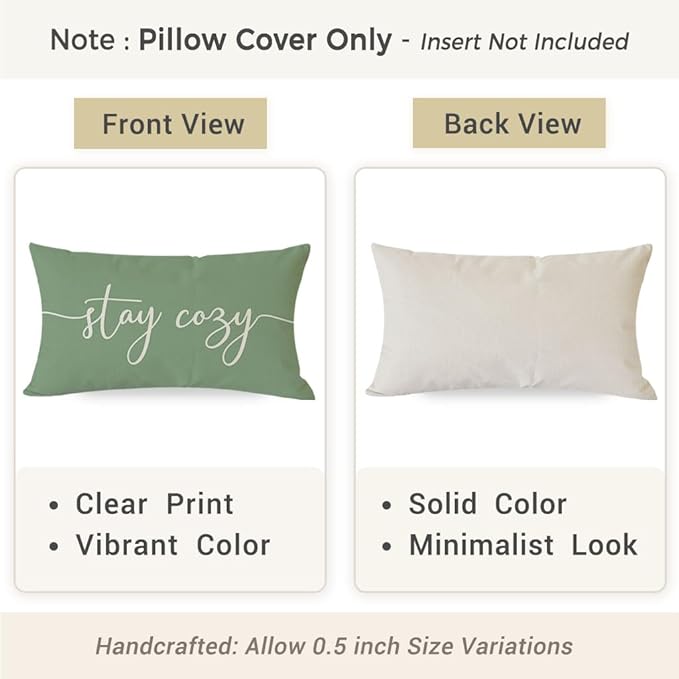 PANDICORN Stay Cozy Sage Green Pillow Cover 12x20 Inch, Lumbar Decorative Cushion Case for Sofa Couch or Bed, Rustic Farmhouse Home Decor for Living Room or Entryway Bench