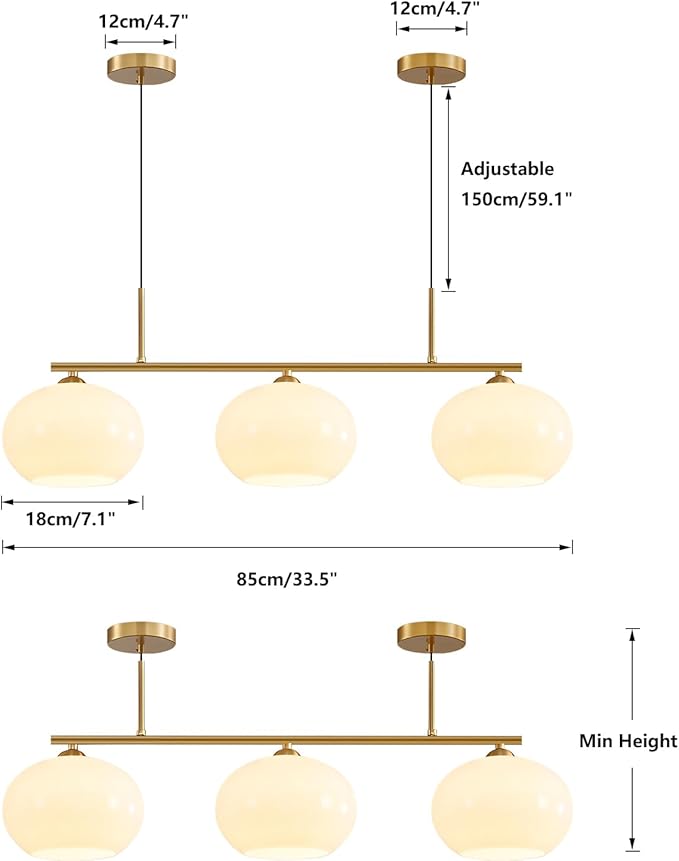 KCO Lighting 3 Light Linear Pendant Lighting Milk Glass Flush Mount Ceiling Light Brass Gold Chandelier Light Fixture Modern Globe Linear Chandelier Dining Room Dining Room Over Table
