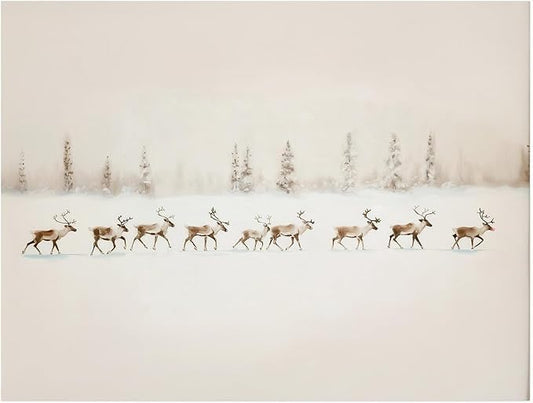 Vintage Reindeer Winter Landscape Print,Santa's Reindeer Walking in Snow Forest Canvas Print,Cozy Christmas Holiday Decor