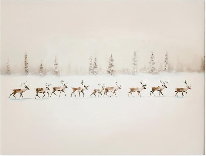 Vintage Reindeer Winter Landscape Print,Santa's Reindeer Walking in Snow Forest Canvas Print,Cozy Christmas Holiday Decor