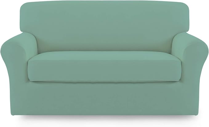 Easy-Going 2 Pieces Microfiber Stretch Sofa Slipcover – Spandex Soft Fitted Sofa Couch Cover, Washable Furniture Protector with Elastic Bottom Kids, Pet (Loveseat, Cyan)