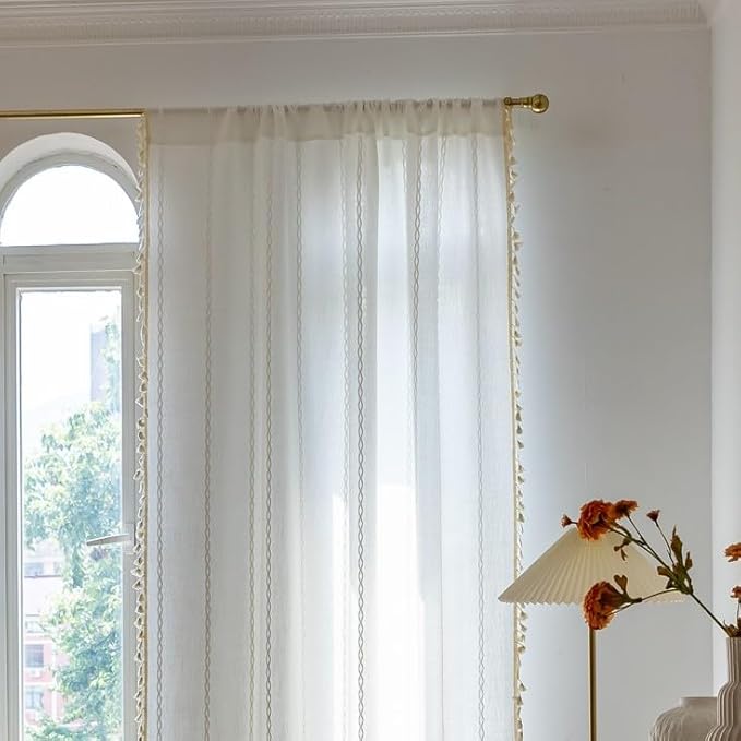 Sutuo Home Boho Curtains for Bedroom 84 Inch Length, Light Filtering Country Farmhouse Vintage Shabby Chic Tassels Window Treatment Bohemian Embroidery Drape, Rod Pocket 1 Panel 52" W x 84" L, White