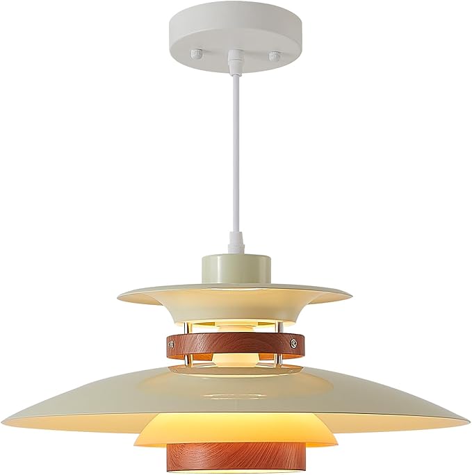 Modern Decor Adjustable Pendant Lamp Kitchen Island, Aluminum and Wood Finish,1-Light E26 Base Ceiling Hanging Light for Dining Room Shop Restaurant (Beige+Dark Wood Grain, 40cm)