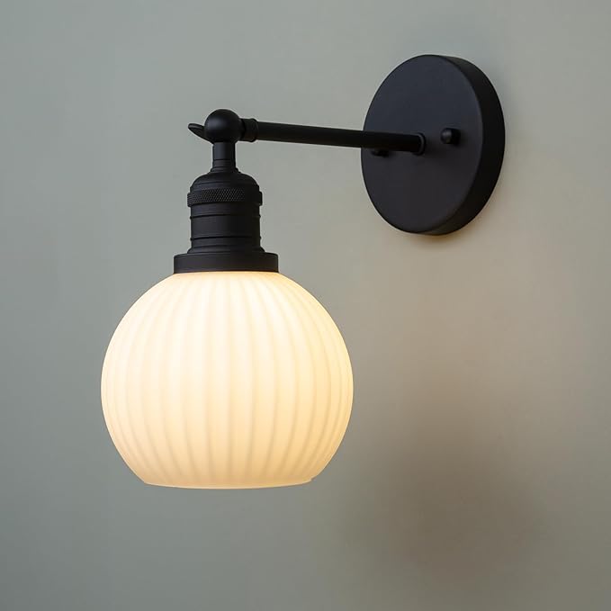 PERMO Vintage Wall Sconce Adjustable Black Sconce Globe Vanity Wall Light with Milk White Glass Shade for Farmhouse Bedroom Living Room Loft