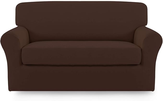 Easy-Going 2 Pieces Microfiber Stretch Sofa Slipcover – Spandex Soft Fitted Sofa Couch Cover, Washable Furniture Protector with Elastic Bottom Kids, Pet (Loveseat, Coffee)