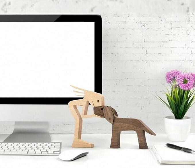 Unique Gift Hand Carved Wood Dog Human Statue Figurine Sculpture Home Office D飯r, Wooden Man Dog Carving Model to Remember Friendship Between Dog and People (D)